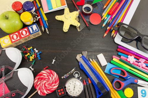 Creative learning objects on wooden table