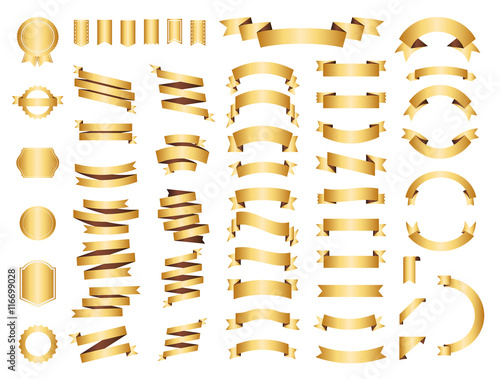 Banner vector icon set gold color on white background. Ribbon isolated shapes illustration of gift and accessory. Christmas sticker and decoration for app and web. Label, badge and borders collection. photo