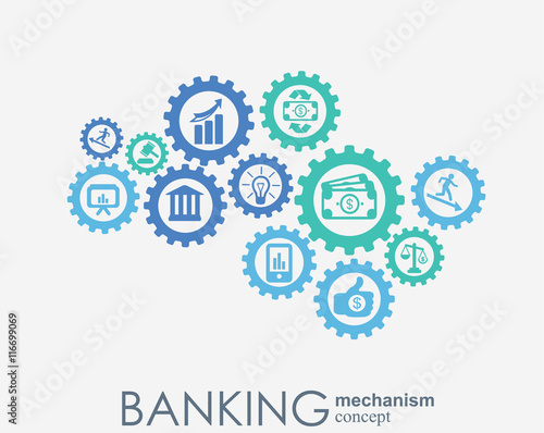 Banking mechanism. Abstract background with connected gears and integrated flat icons. Connected symbols for money, card, bank, business and finance concepts. Vector interactive illustration