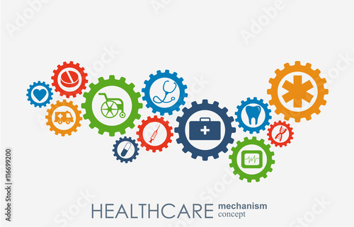 Healthcare mechanism concept. Abstract background with connected gears and icons for medical, health, strategy, care, medicine, network, social media and global concepts. Vector infographic.