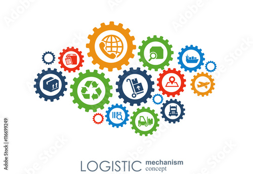 LOGISTIC mechanism concept. distribution, delivery, service, shipping, logistic, transport, market concepts. Abstract background with connected objects. Vector illustration.