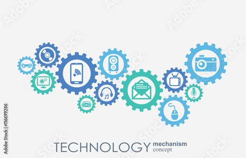 Technology mechanism concept. Abstract background with integrated gears and icons for digital, strategy, internet, network, connect, communicate, social media and global concepts. Vector infographic.