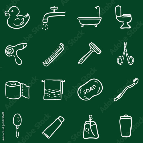 Vector Set of Chalk Doodle Bathroom and Hygiene Icons.