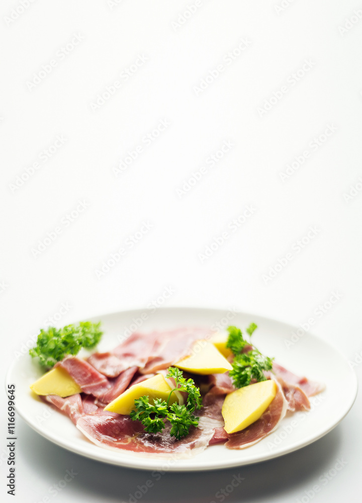 cured parma serrano style ham with fresh mango salad snack cured parma serrano style ham with fresh mango salad snack