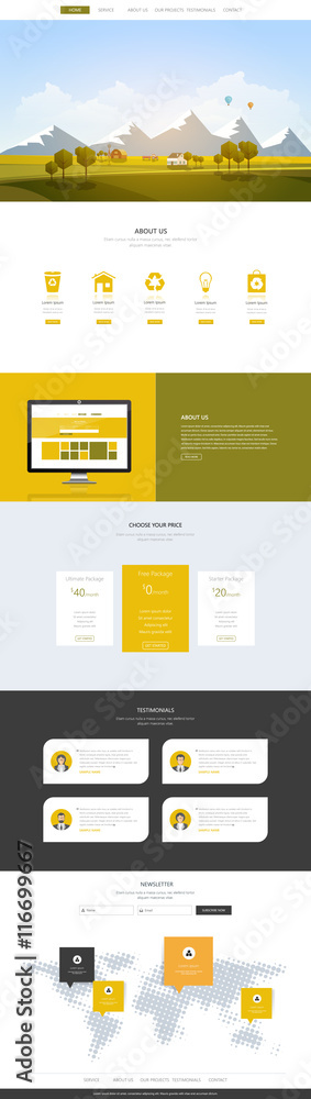 Creative One Page Website Design Template with Countryside Landscape Vector Illustration. Simple Business Layout Creative One Page Website Design Template with Countryside Landscape Vector Illustration. Simple Business Layout