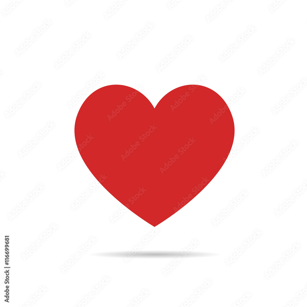 Vector red heart on white background with shadow.