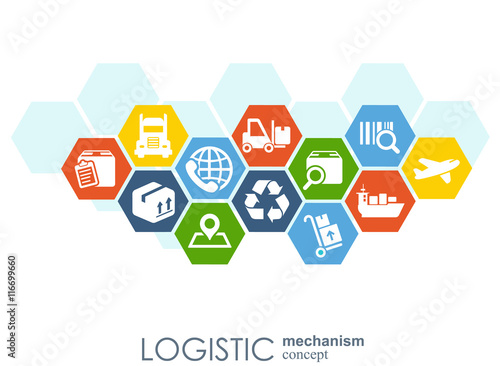 LOGISTIC mechanism concept. distribution, delivery, service, shipping, logistic, transport, market concepts. Abstract background with connected objects. Vector illustration.