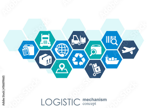 LOGISTIC mechanism concept. distribution, delivery, service, shipping, logistic, transport, market concepts. Abstract background with connected objects. Vector illustration.