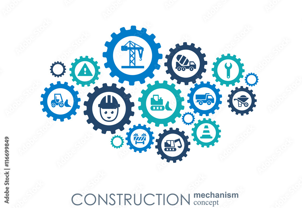 Construction network. Hexagon abstract background with lines, polygons, and integrated flat icons. Connected symbols for build, industry, architectural, engineering concepts. Vector. Construction network. Hexagon abstract background with lines, polygons, and integrated flat icons. Connected symbols for build, industry, architectural, engineering concepts. Vector.