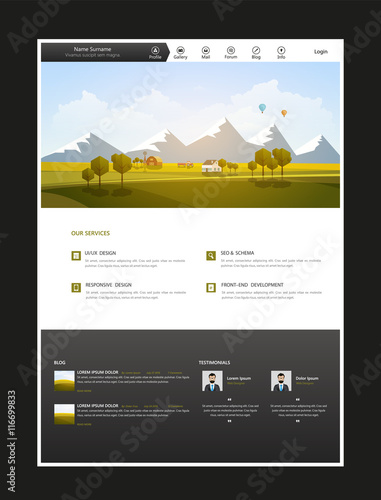 Creative One Page Website Design Template with Countryside Landscape Vector Illustration. Simple Business Layout