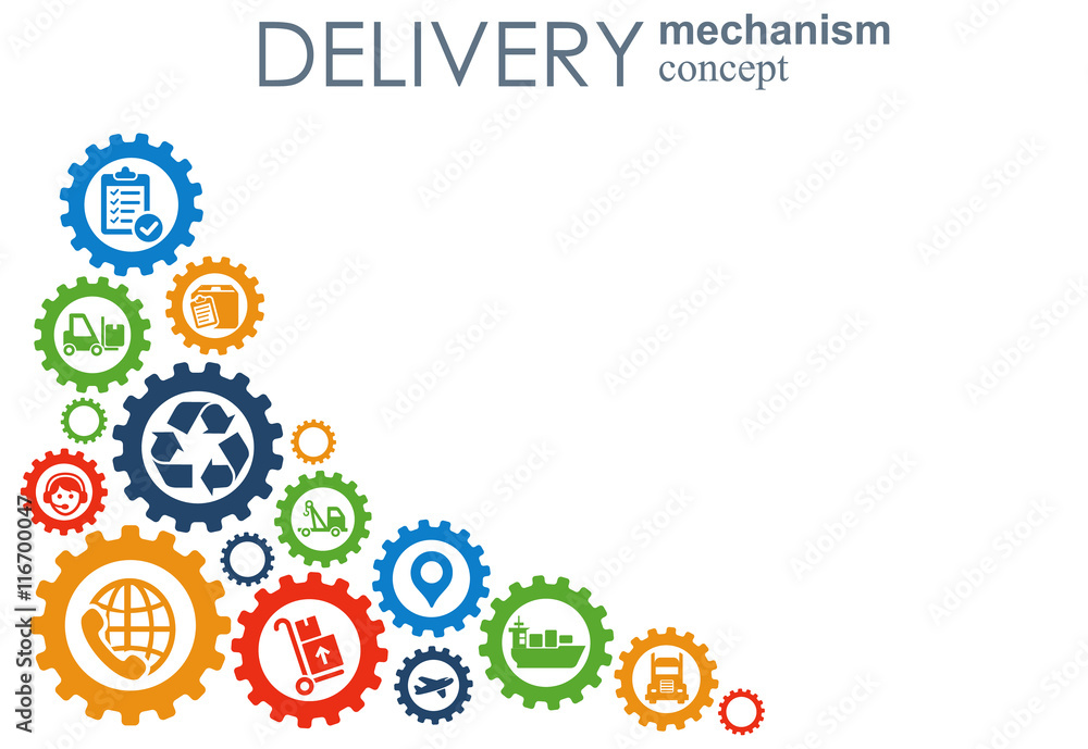 Delivery mechanism concept. Abstract background with connected gears and icons for logistic, service, strategy, shipping, distribution, transport, market, communicate concepts. Vector interactive. Delivery mechanism concept. Abstract background with connected gears and icons for logistic, service, strategy, shipping, distribution, transport, market, communicate concepts. Vector interactive.