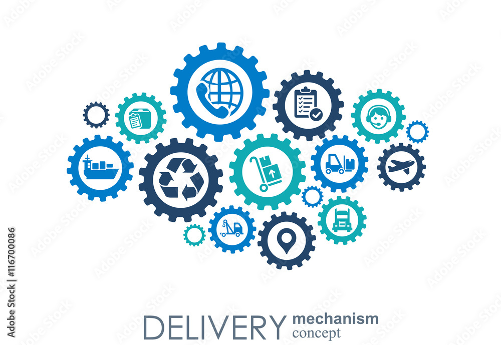 Delivery mechanism concept. Abstract background with connected gears and icons for logistic, service, strategy, shipping, distribution, transport, market, communicate concepts. Vector interactive.