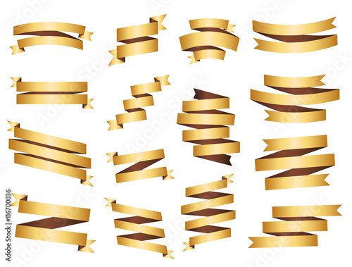 Banner vector icon set gold color on white background. Ribbon isolated shapes illustration of gift and accessory. Christmas sticker and decoration for app and web. Label, badge and borders collection.