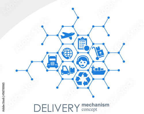 Delivery mechanism concept. Abstract background with connected gears and icons for logistic, service, strategy, shipping, distribution, transport, market, communicate concepts. Vector interactive.