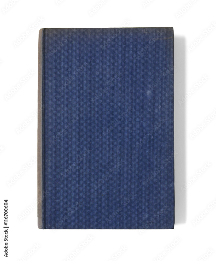 A single old hardback story book with a dark blue cover isolated on a white background A single old hardback story book with a dark blue cover isolated on a white background