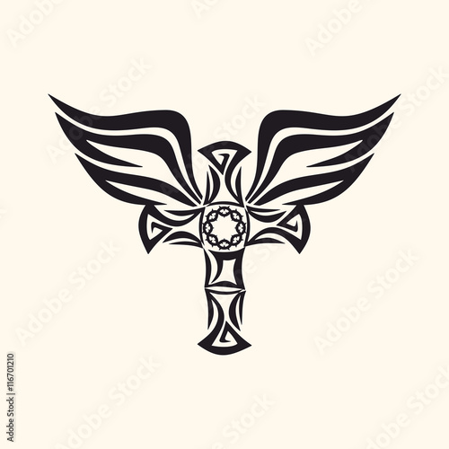 Gothic and tattoo marks. Christian symbols. Cross and Holy Spirit wings.