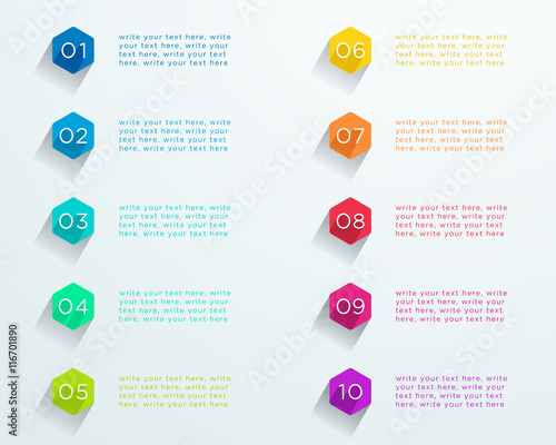 Number Bullet Points Flat Hexagons 1 to 10