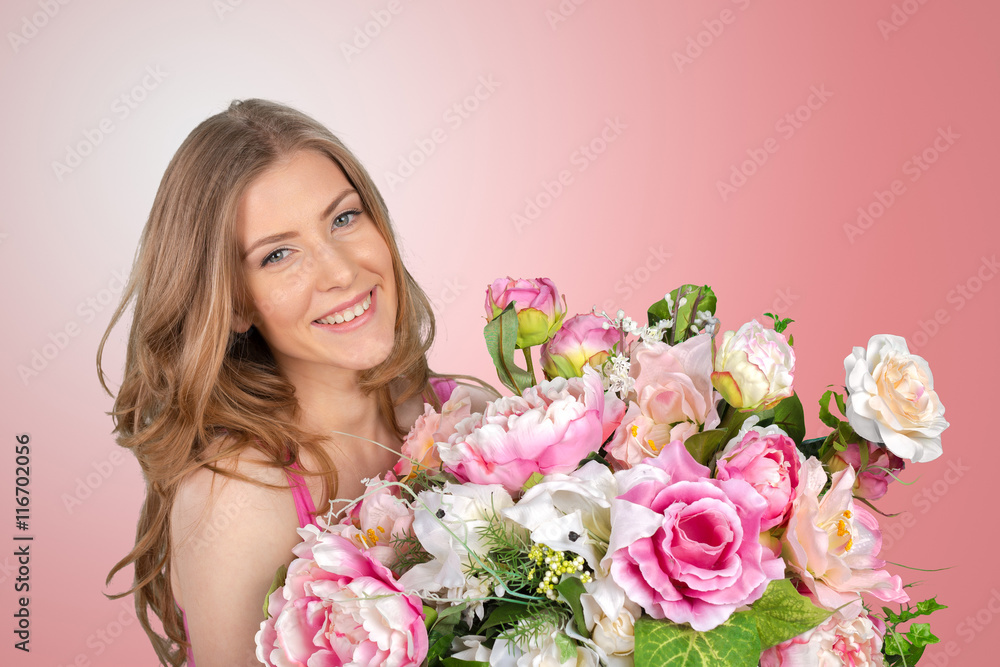 Woman with Spring Flower bouquet Woman with Spring Flower bouquet