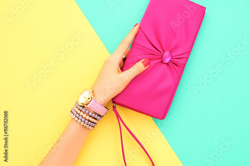 Fashion. Clothes Accessories fashion Set. Female hand Stylish Trendy Handbag clutch, Glamor Wrist Watches. Summer fashion girl Outfit, Luxury Party accessories.Hipster Essentials.Minimal fashion style