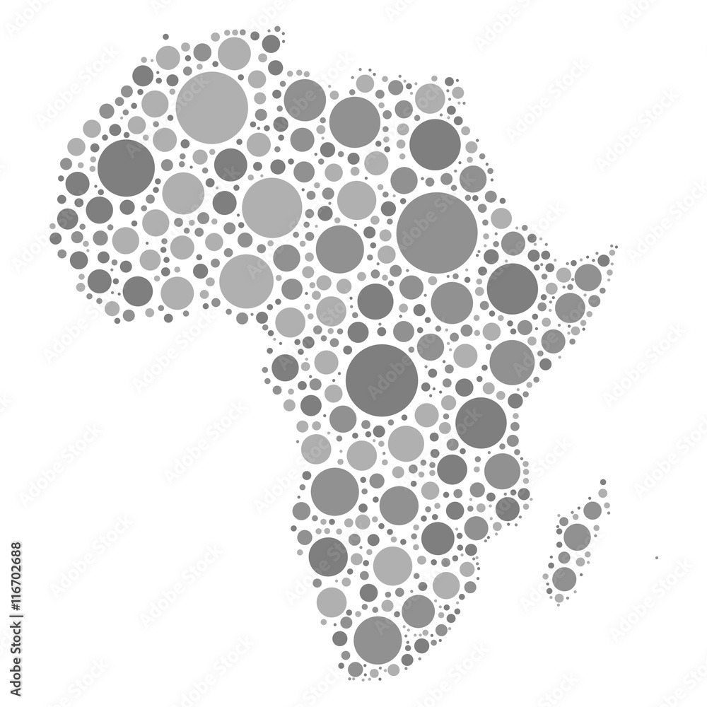Africa map mosaic of grey dots in various sizes and shades on white ...