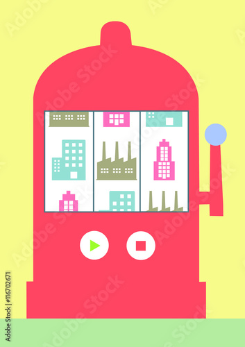 Illustration Glücksspiel Immobilien; Fabrik; Gebäude; Büro; Automat; Glücksache; Gewerbe