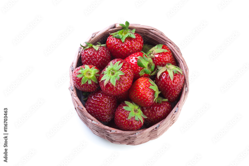 strawberries in a wooden bowl. top view strawberries in a wooden bowl. top view