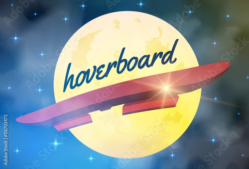 hoverboard flying in front of the moon and stars vector illustration