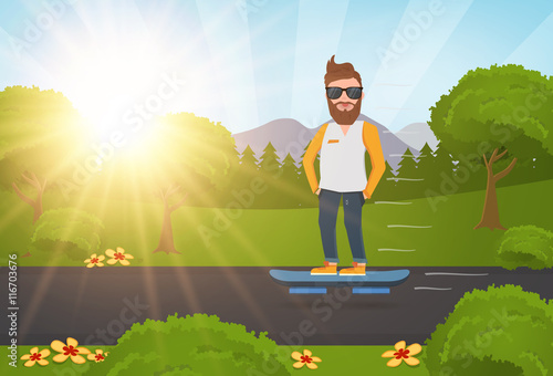 Man standing on hoverboard, guy riding a hover board vector illustartion with sunlight, flat cartoon style