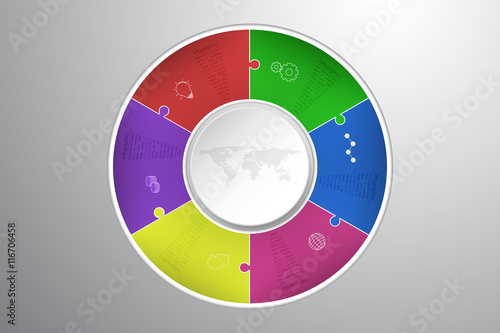 Modern six steps rounded infographics with puzzle shapes. Modern 6 steps circular infographic with outline icons in jigsaw shape. Modern business diagram with dotted world map representing process. photo