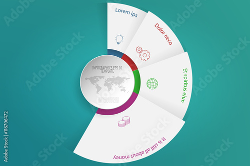Four steps rounded infographics with 3D objects, outline icons and dotted world map. 4 steps circular infographic timeline in modern layout on green gradient background. Business diagram presentation.