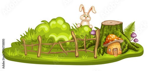 Green glade with house for gnome made from mushroom