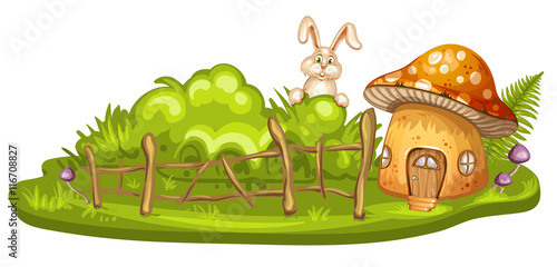Green glade with house for gnome made from mushroom