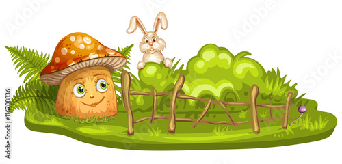 Green glade with cartoon mushroom