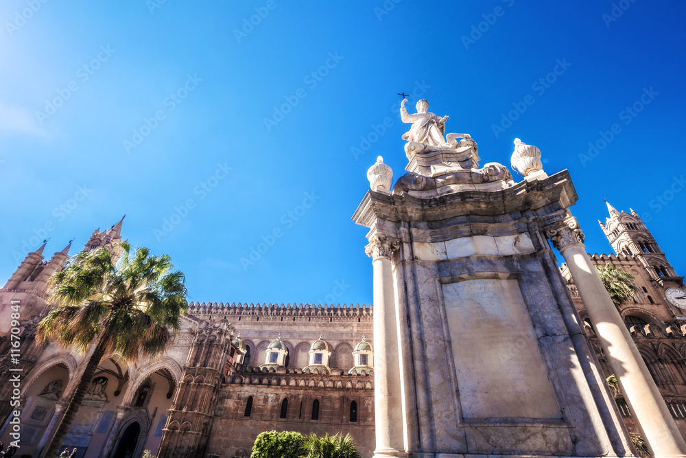 Catholic Christian Cathedral. Old Town of the City of Palermo on Sicily in Italy, Europe. Vibrant Colors. Detail Picture of the historical architecture