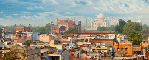 Panorama of Agra city, India. Taj Mahal in the background photo