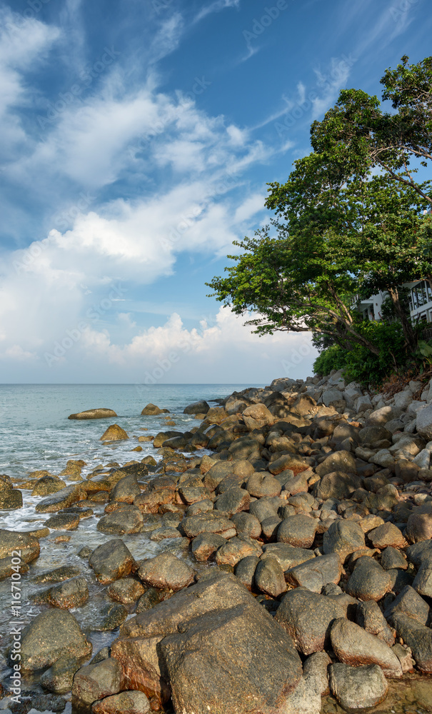 Coast of the tropical sea. Vertical landscape. Thailand, Phuket