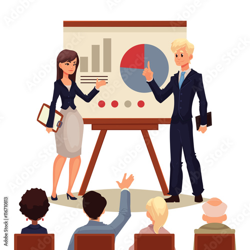 Businessman and businesswoman giving presentation with a board, sketch style vector illustration isolated on white background. Male and female managers presenting a chart to a group of people