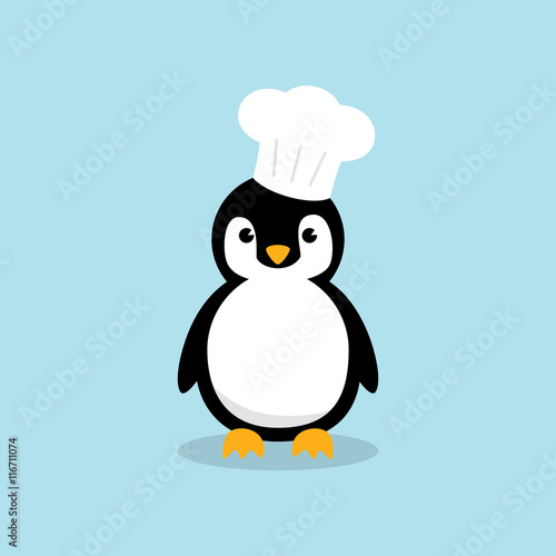 Cute Chef Penguin character with chef cooking hat isolated on sky blue background. Flat design vector illustration. © qoolio