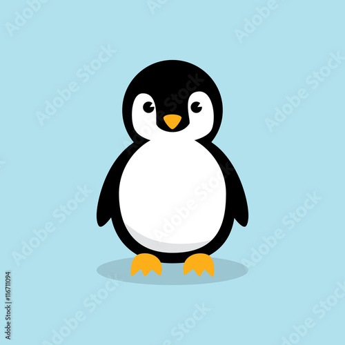 Baby Penguin standing on sky blue background. Cute Penguin cartoon flat design vector illustration. © qoolio