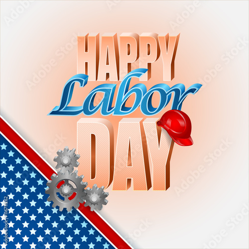 Holidays background with gears and protection helmet on American national colors for celebration of American Labor Day