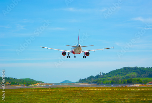 Twin-engine, modern, commercial airliner coming for a landing at