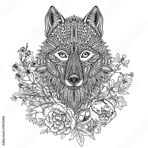 Hand drawn graphic ornate head of wolf with ethnic floral doodle