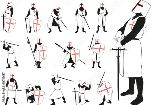 Medieval knight in armor and helmet in different defensive and offensive positions