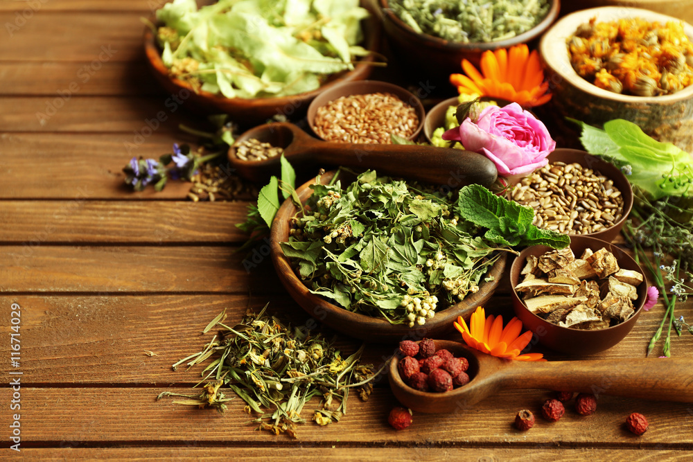 Herb selection used in herbal medicine in bowls and spoon on wooden table