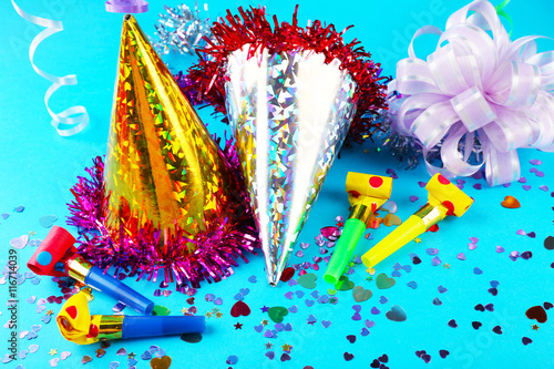 Party hats cone on color background