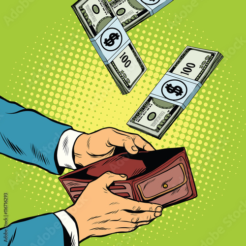 Money falling into wallet, financial profits and wealth