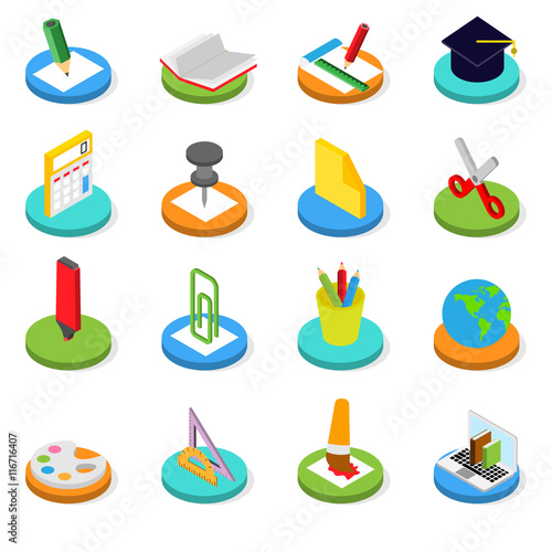 Education isometric icon set. 3D vector symbols.
