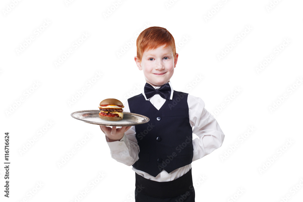 Little boy waiter stands with tray serving hamburger, isolated Little boy waiter stands with tray serving hamburger, isolated