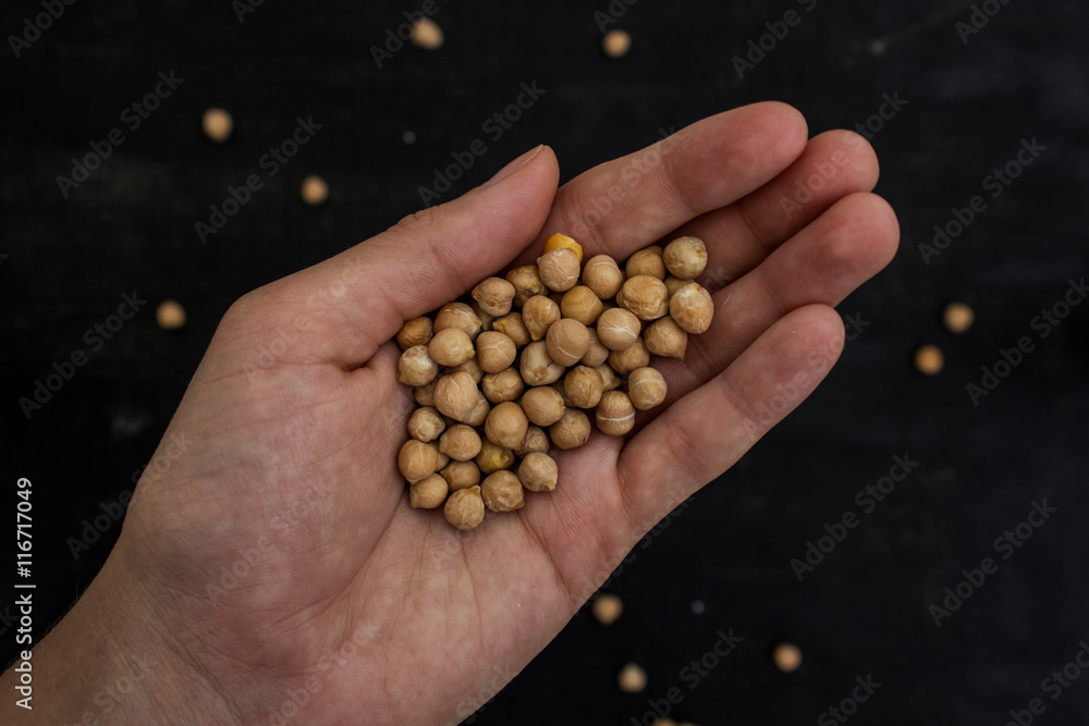 Handful of chickpeas in hand. Black background.