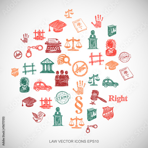 Multicolor doodles Hand Drawn Law Icons set on White. EPS10 vector illustration.